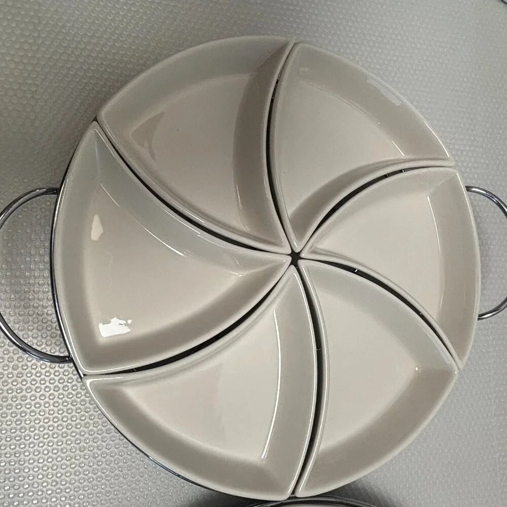 SIENNA by GODINGER 7 Pc Relish SERVER Porcelain & Chrome Plated - 1554